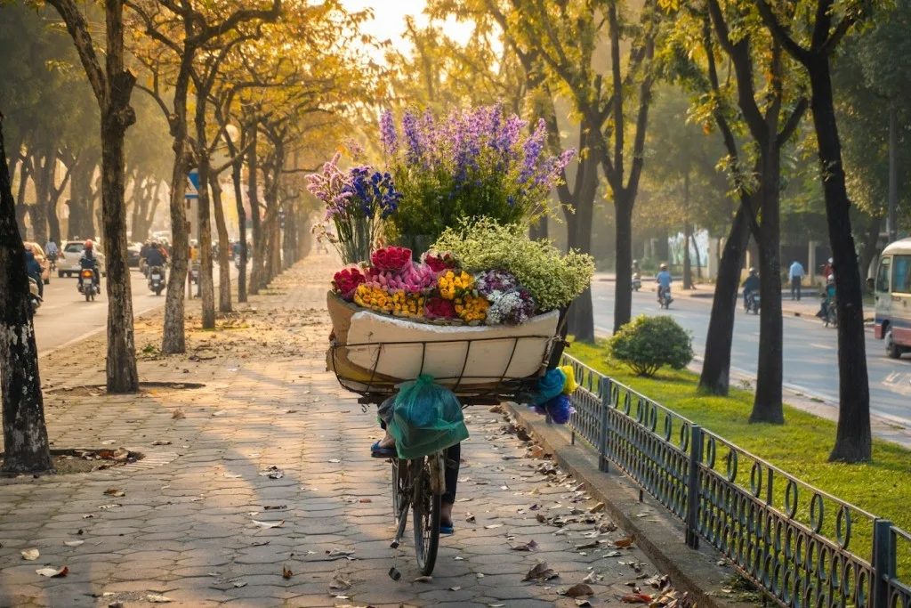 Thời tiết Hà Nội mùa xuân se lạnh, xe hoa rong ruổi khắp phố tạo nên nét thơ đầu năm