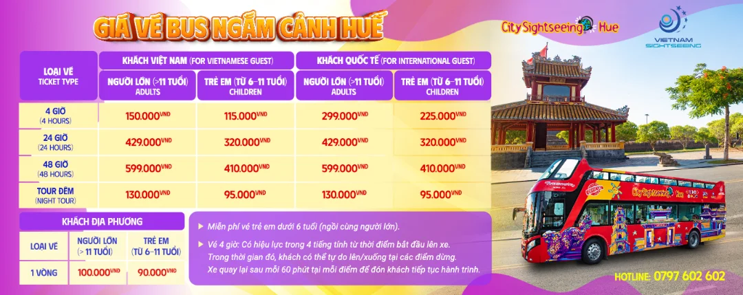Giá vé bus ngắm cảnh Huế